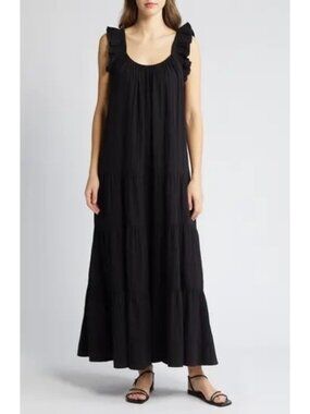 Caslon Ruffle Tiered Cotton Maxi Sundress Black Scoop Neck